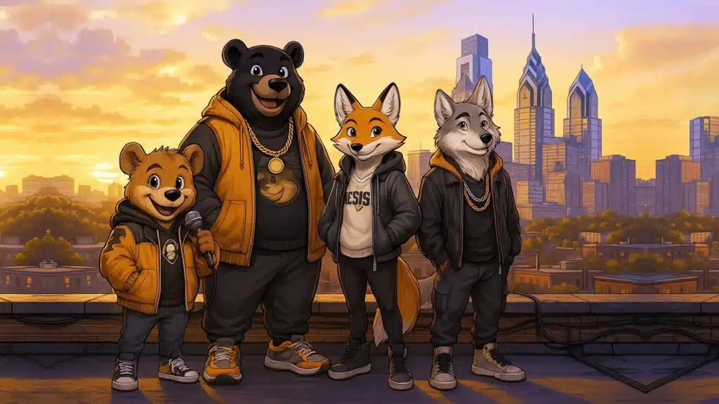 Snuggle Bunch band on a rooftop in South Philly overlooking the Philadelphia Skyline