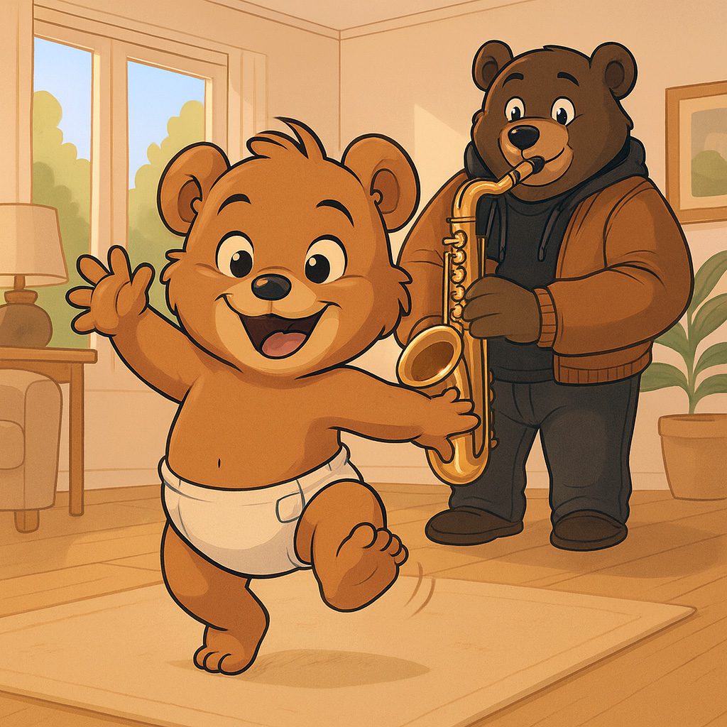 a young bear cub dances to his father bear playing the saxophone