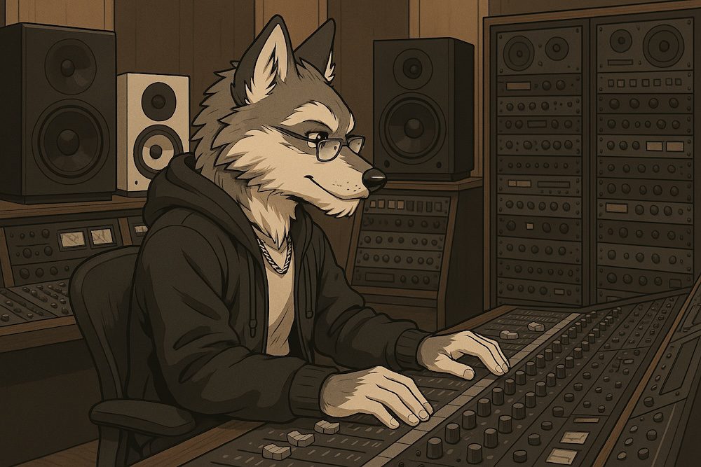 Wolfie Williams working a mixing board in a recording studio on a new song