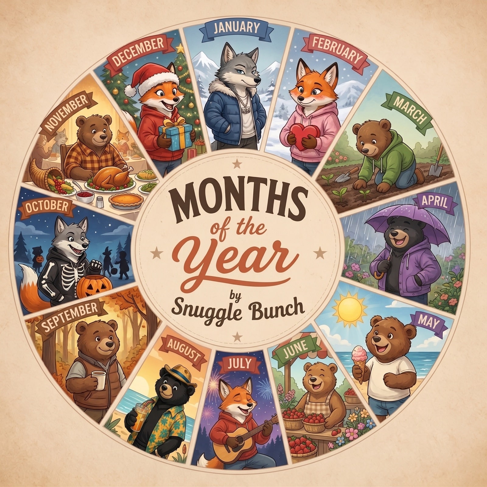 Months of the Year (Gospel Mix) by Snuggle Bunch album artwork, a calendar wheel with the Snuggle Bunch characters celebrating every month from January to December